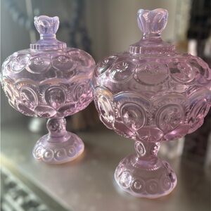Elegant 10” Weishar Pink Opalescent Glass Pedestal Candy Dish Set